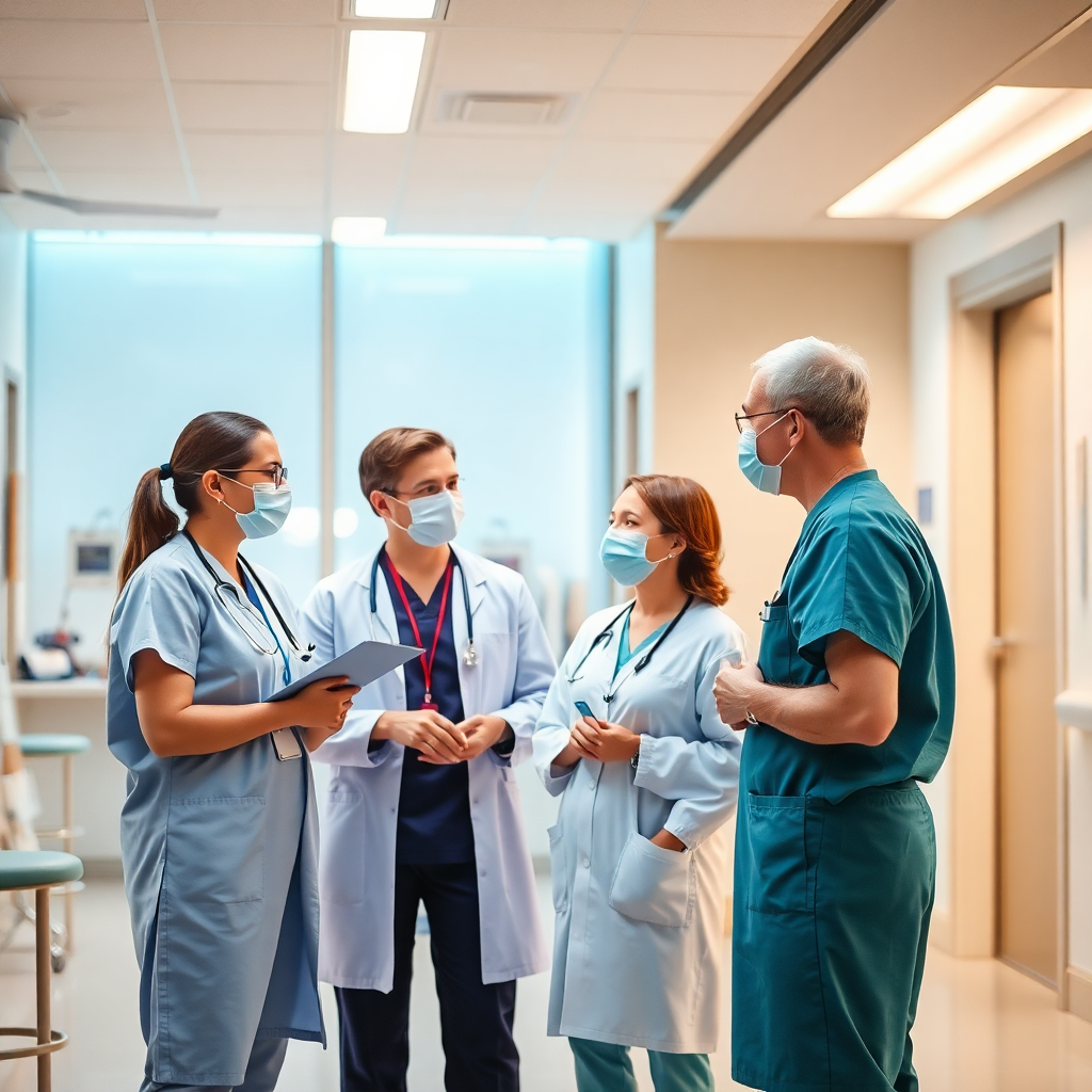 Medical professionals discussing, modern clean hospital environment, warm tone