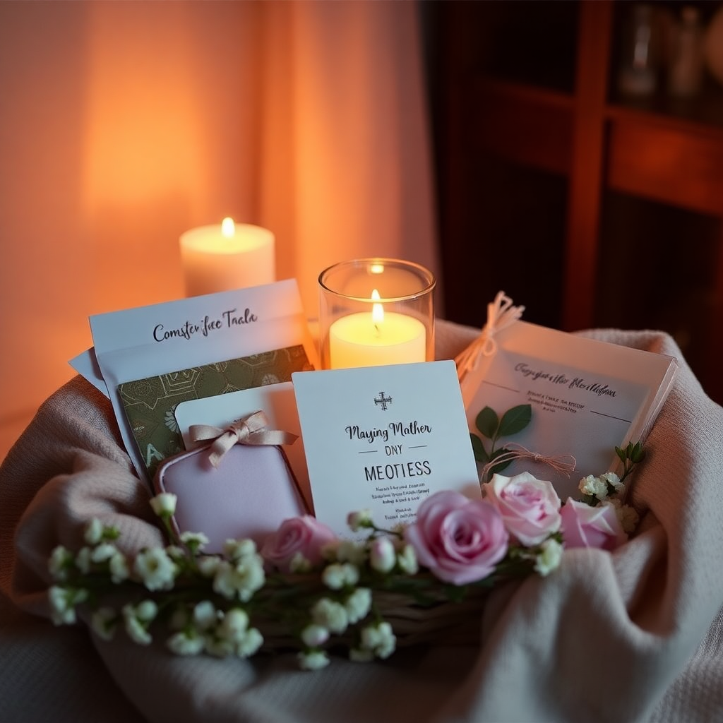 Care package for grieving mothers, soft lighting, comforting items, elegant composition