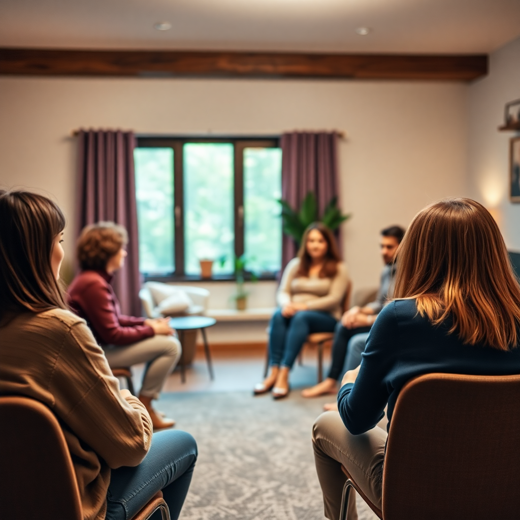 Support group setting, warm inviting space, soft focus, empathetic atmosphere